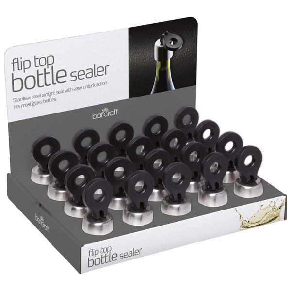 BarCraft Display of 20 Stainless Steel Flip Top Bottle Stoppers