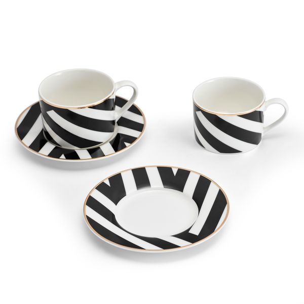 Mikasa Luxe Deco China Tea Cups and Saucers with Geometric Stripe, Set of 2, 200ml