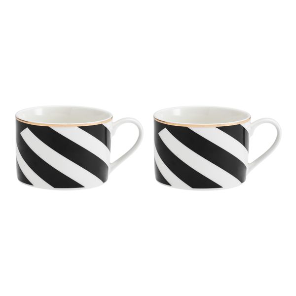 Mikasa Luxe Deco China Tea Cups and Saucers with Geometric Stripe, Set of 2, 200ml