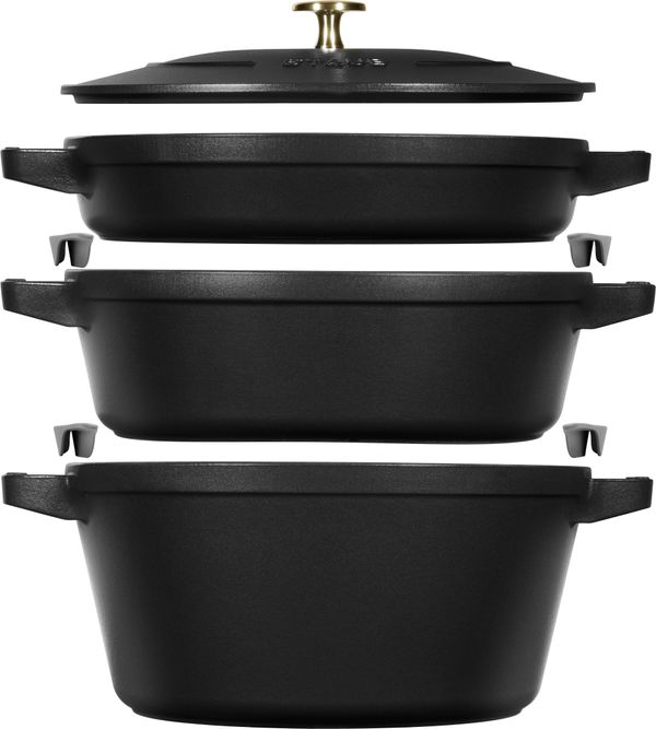 Staub Stackable 3pc Cocotte + Braiser + Pan+ Lid 24 cm Black